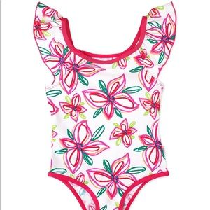 Crayon Flower Ruffled Sleeve One-piece, Pink - 6/6X / pink